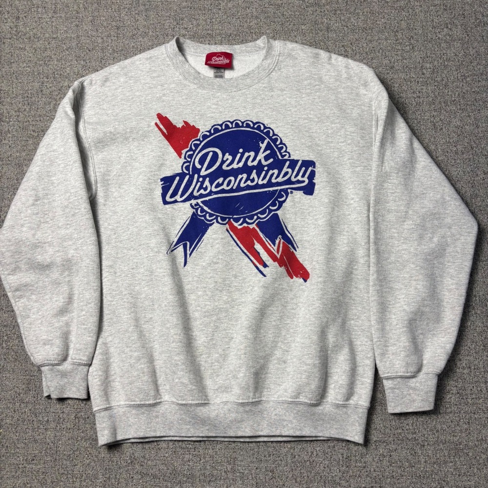 State of Mind Sweatshirt Mens M Drink Wisconsinbly Gray Beer Wisconsin Funny